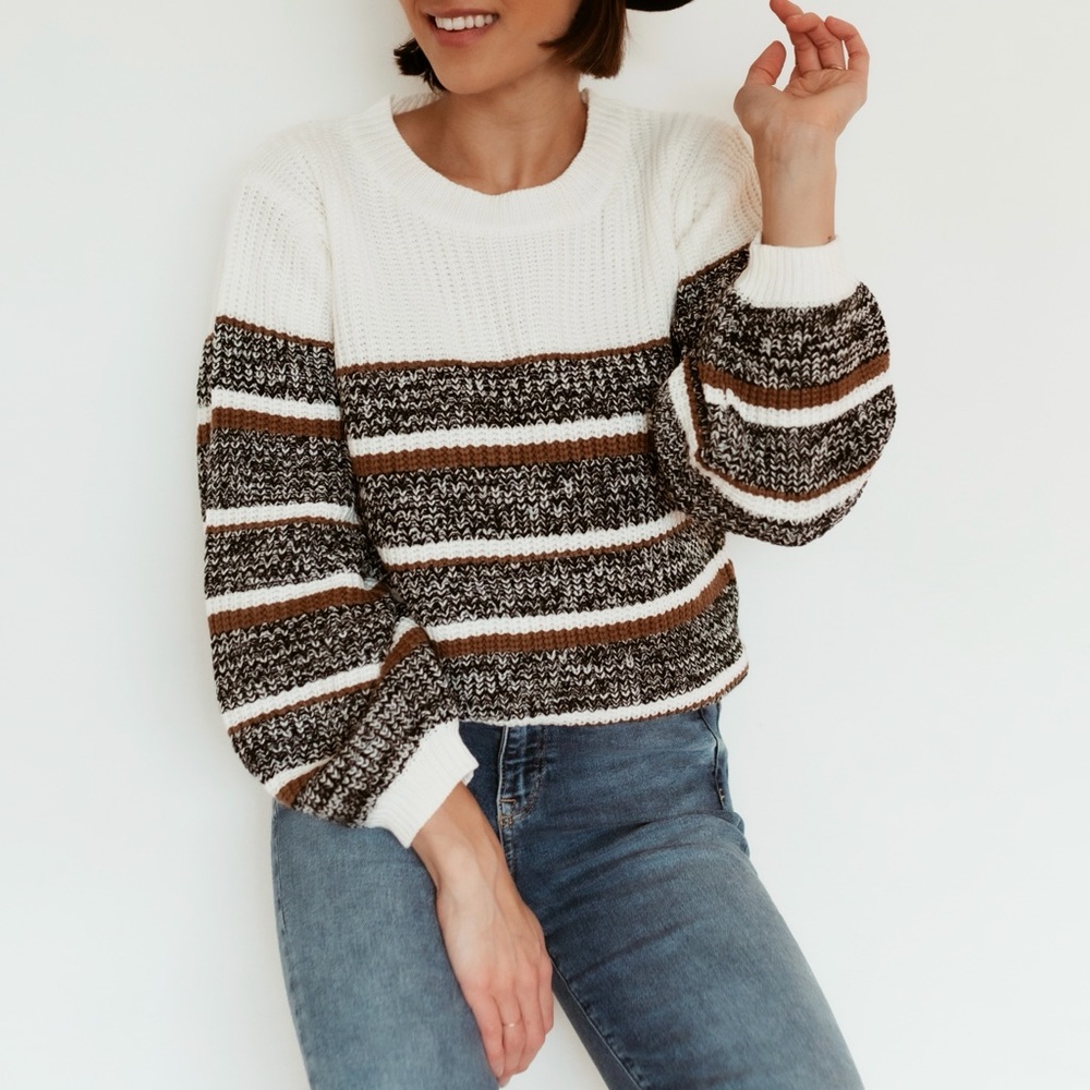 Sage Striped Crew Neck Sweater - Cream, Black, Brown